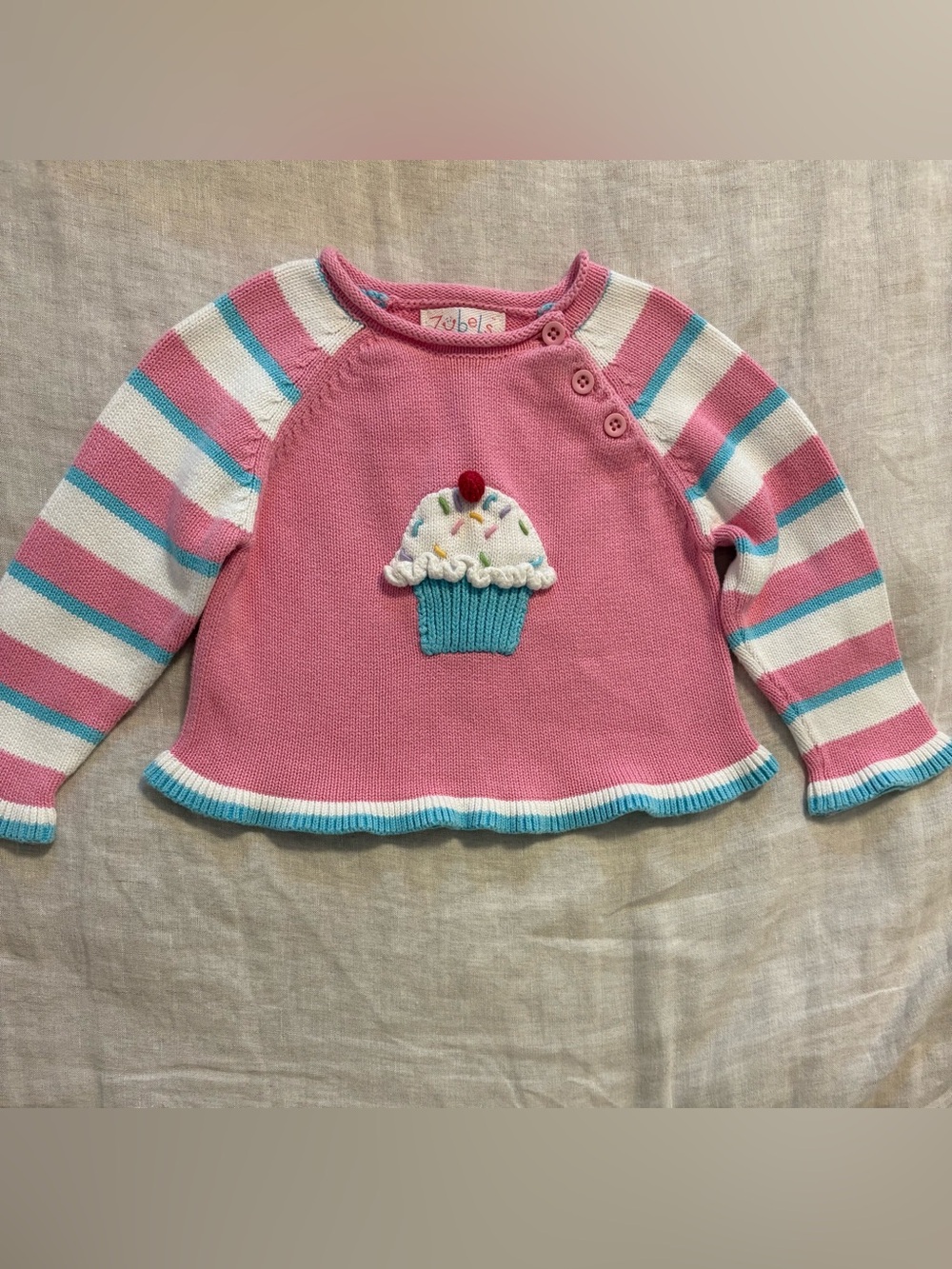 Zubels Girls Pink Knit Crewneck Pullover Sweater Cupcake Striped 18M Cotton